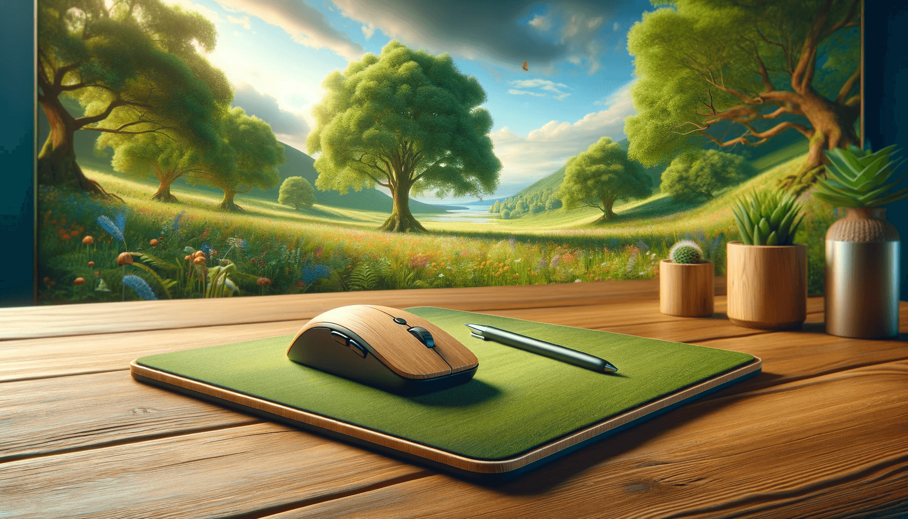 A digital artwork showing a mouse and trackpad placed on a wooden desk. The background features a vibrant ecological scene with lush green trees